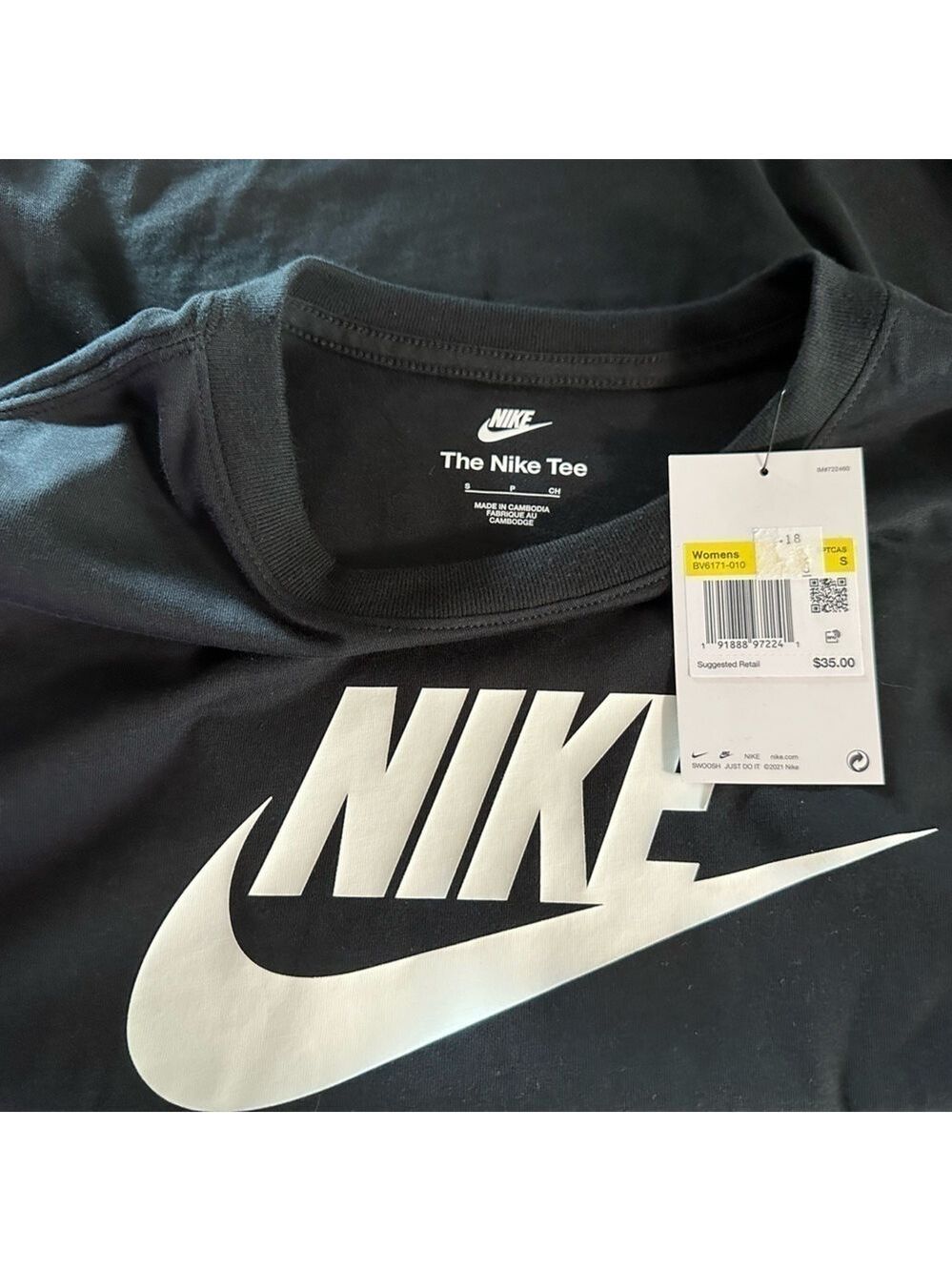 NIKE BLACK LONG SLEEVE LOGO TEE SHIRT WHITE SWOOSH ATHLEISURE SIZE SMALL NWT - Picture 4 of 5
